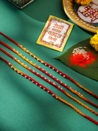 NVR Men Set of 4 Pearls Traditional Red Thread Rakhi with Roli Chawal Chandan & Mishri | Grocsy