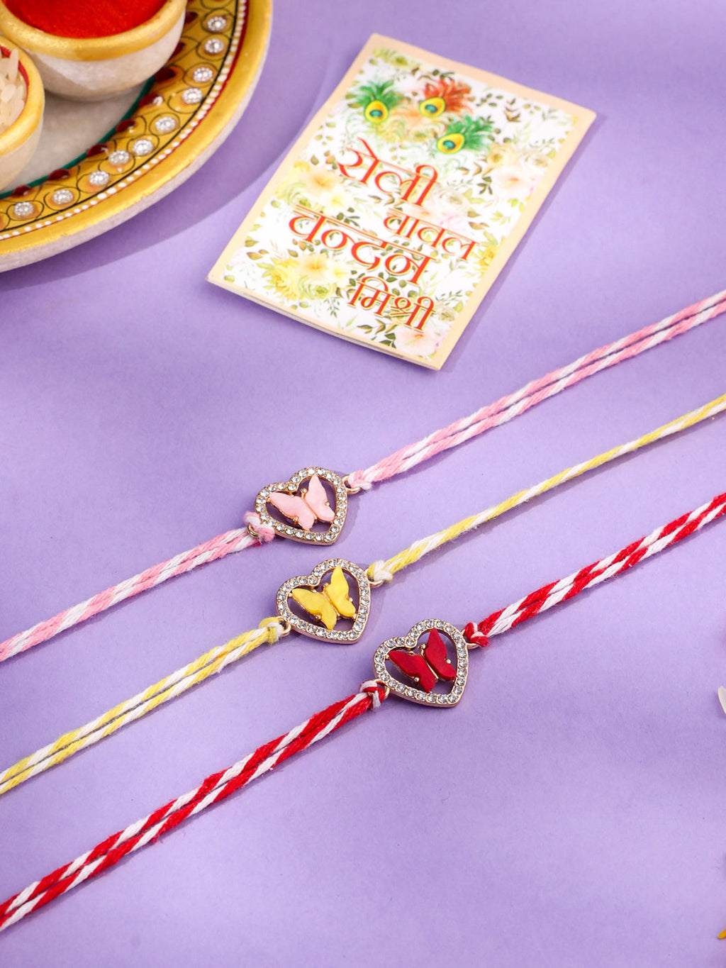 NVR Men Set of 3 Heart Shape Multicolor Artificial Stones Thread Rakhi with Roli Chawal Chandan & Mishri | Grocsy