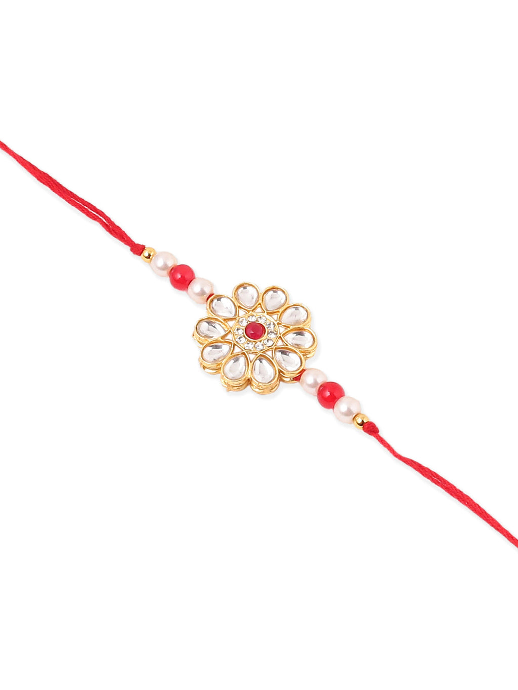 NVR Set of 2 Gold Toned Kundan Studded Floral Design Bhaiya Bhabhi Rakhi Combo | Grocsy