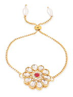 NVR Set of 2 Gold Toned Kundan Studded Floral Design Bhaiya Bhabhi Rakhi Combo | Grocsy