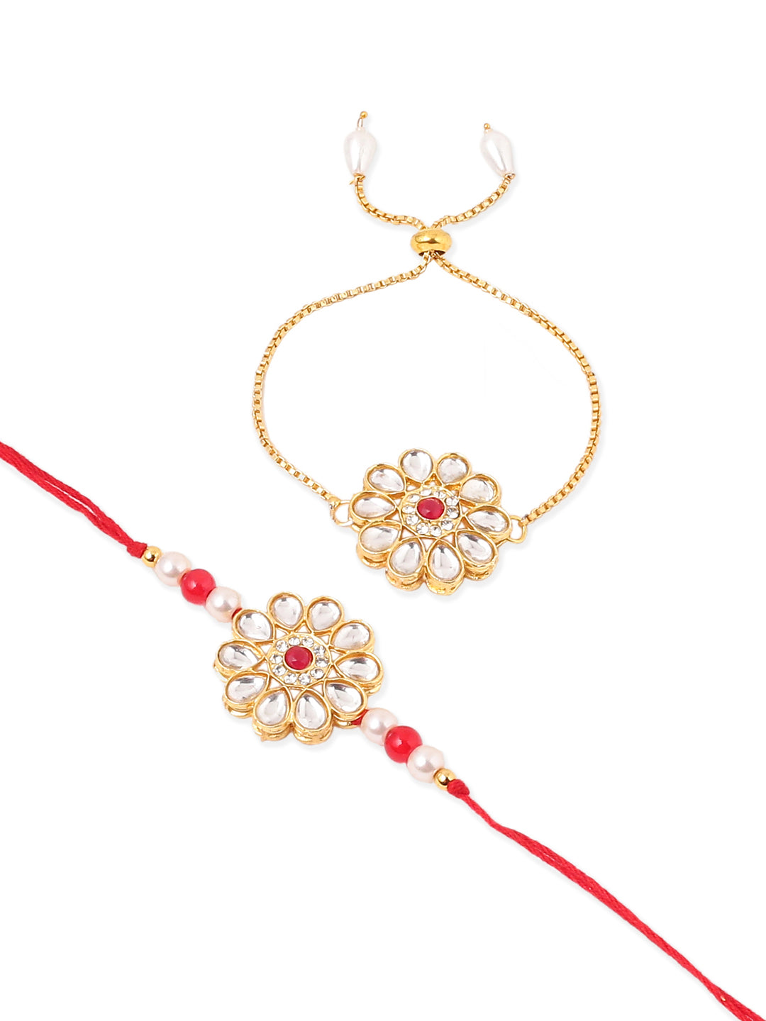 NVR Set of 2 Gold Toned Kundan Studded Floral Design Bhaiya Bhabhi Rakhi Combo | Grocsy