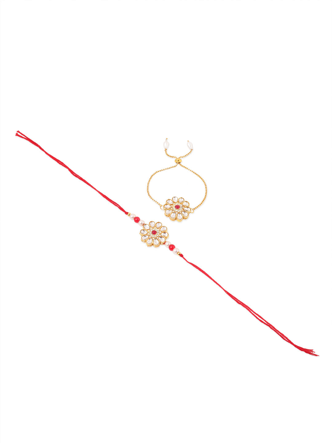 NVR Set of 2 Gold Toned Kundan Studded Floral Design Bhaiya Bhabhi Rakhi Combo | Grocsy