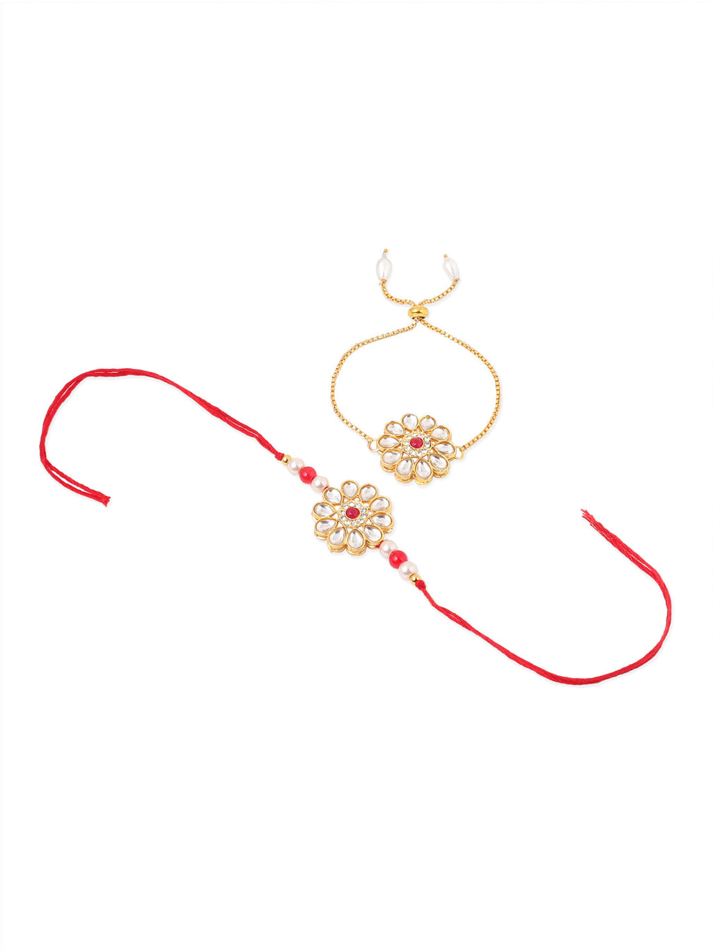 NVR Set of 2 Gold Toned Kundan Studded Floral Design Bhaiya Bhabhi Rakhi Combo | Grocsy