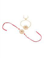 NVR Set of 2 Gold Toned Kundan Studded Floral Design Bhaiya Bhabhi Rakhi Combo | Grocsy