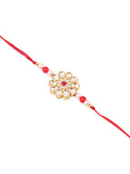NVR Set of 2 Gold Toned Kundan Studded Floral Design Bhaiya Bhabhi Rakhi Set with Roli Chawal Chandan & Mishri | Grocsy