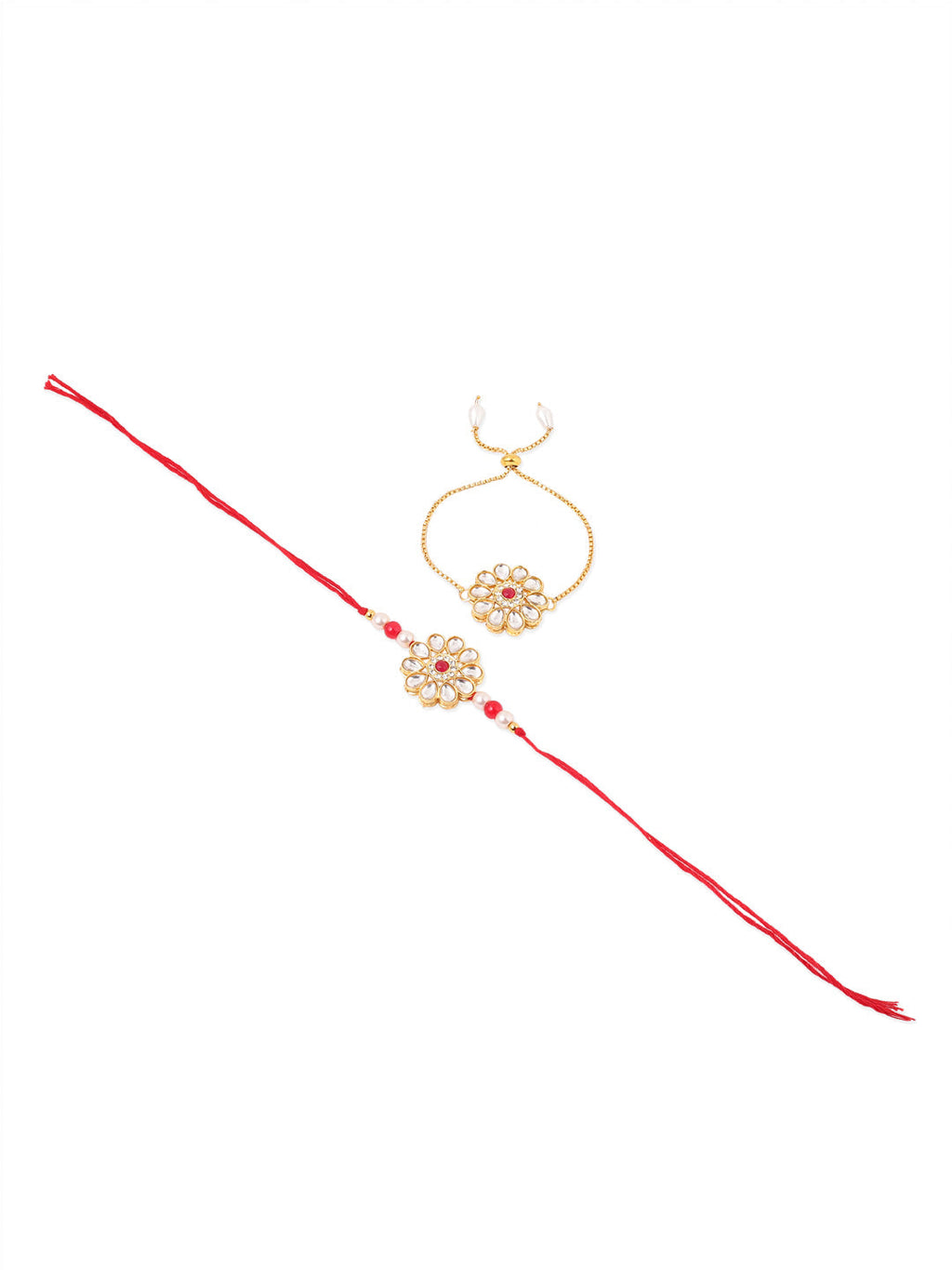 NVR Set of 2 Gold Toned Kundan Studded Floral Design Bhaiya Bhabhi Rakhi Set with Roli Chawal Chandan & Mishri | Grocsy