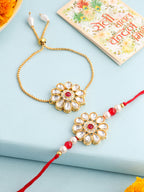 NVR Set of 2 Gold Toned Kundan Studded Floral Design Bhaiya Bhabhi Rakhi Set with Roli Chawal Chandan & Mishri | Grocsy