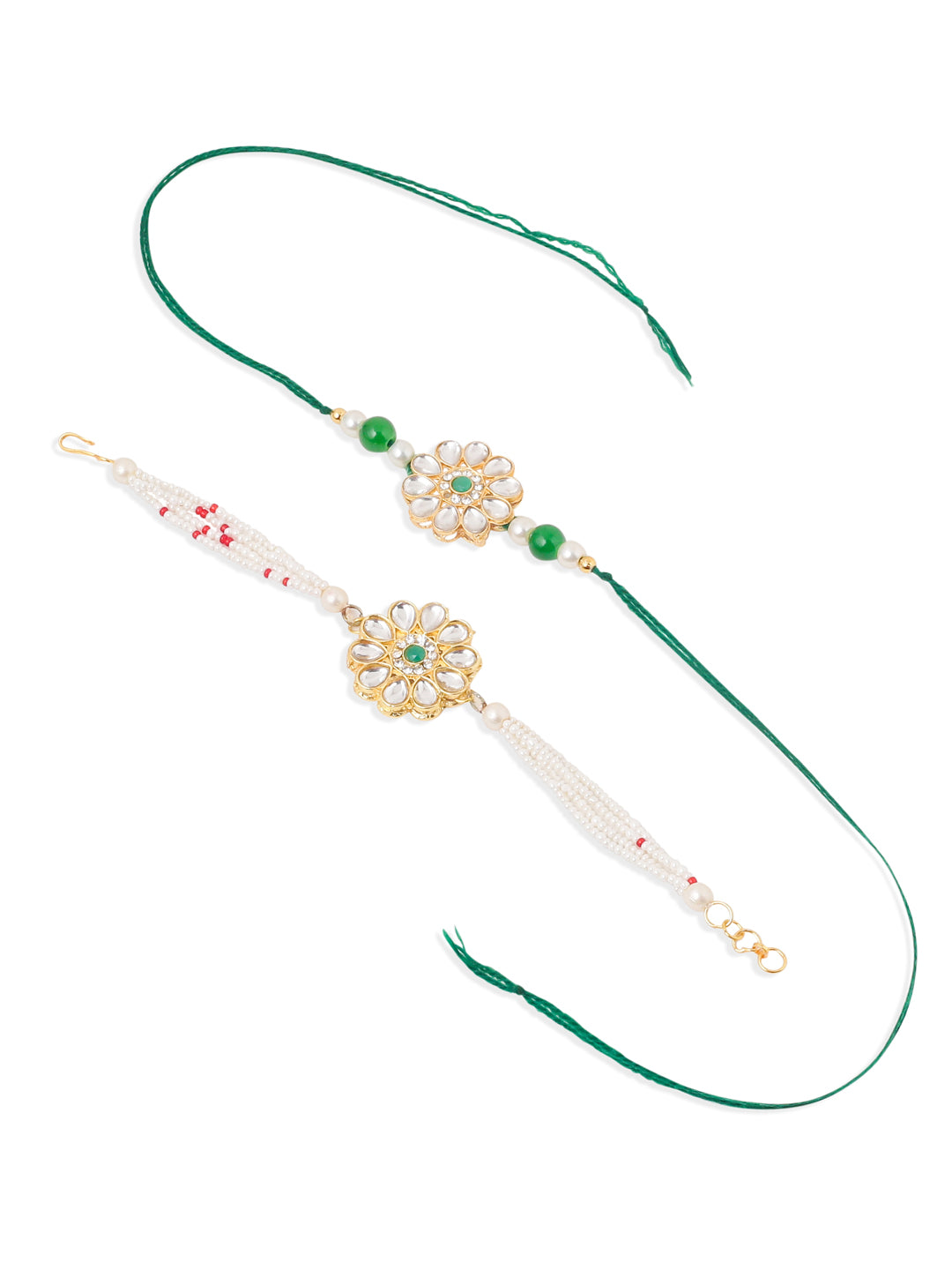 NVR Set of 2 Kundan Studded Floral Design Gold Toned Bhaiya Bhabhi Rakhi Combo | Grocsy