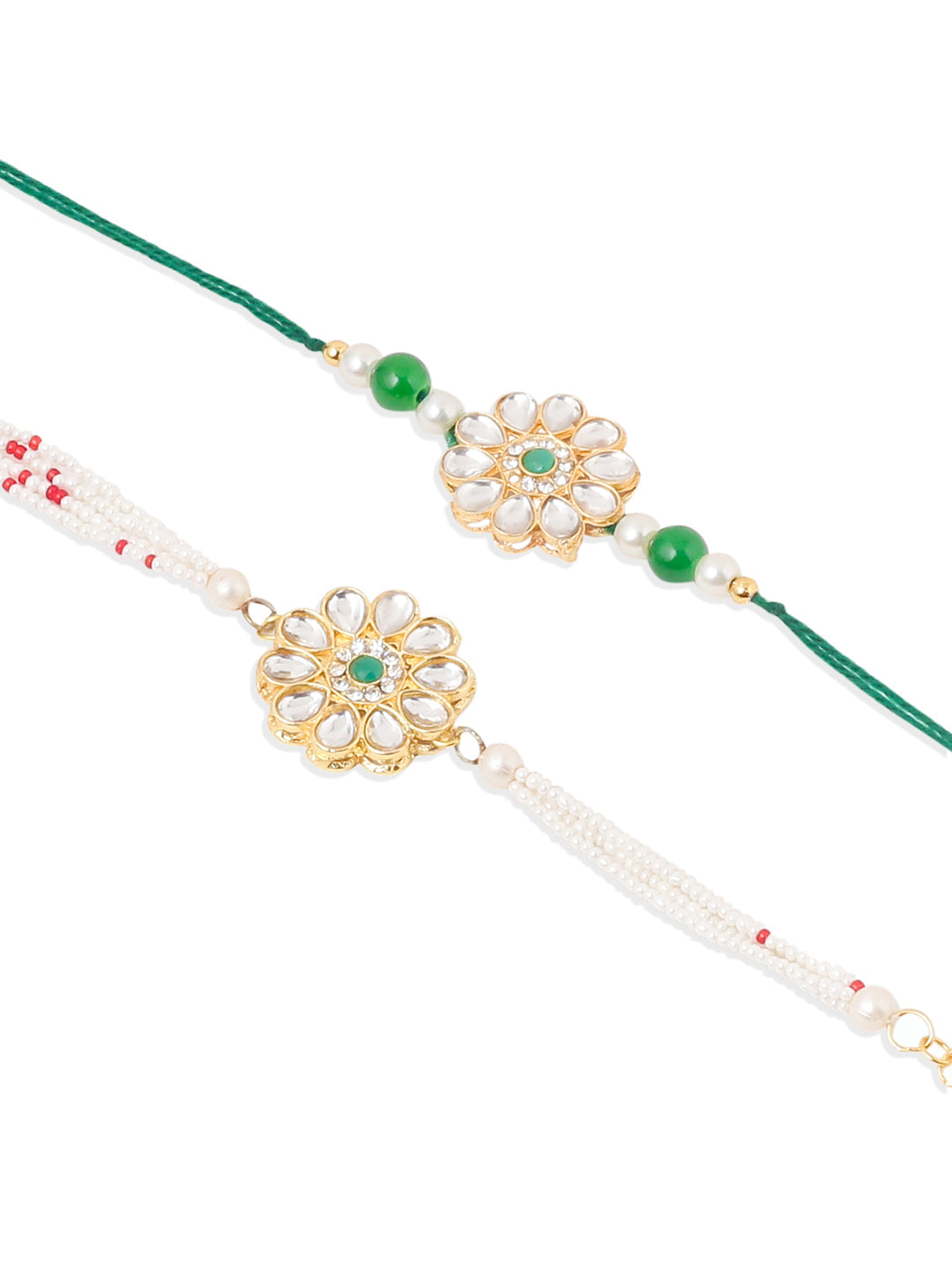 NVR Set of 2 Kundan Studded Floral Design Gold Toned Bhaiya Bhabhi Rakhi Combo | Grocsy