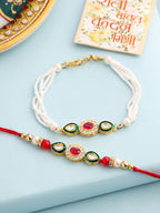 NVR Set of 2 Multicolor Oval Shape Kundan Studded & Beads Bhaiya Bhabhi Rakhi with Roli Chawal Chandan & Mishri | Grocsy
