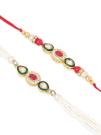 NVR Set of 2 Multicolor Oval Shape Kundan Studded & Beads Bhaiya Bhabhi Rakhi with Roli Chawal Chandan & Mishri | Grocsy