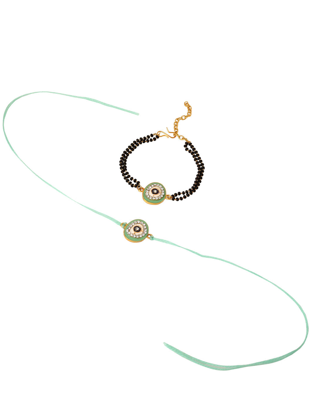 NVR Set of 2 Green Round Shape Artificial Stones Bhaiya Bhabhi Rakhi with Roli Chawal Chandan & Mishri | Grocsy