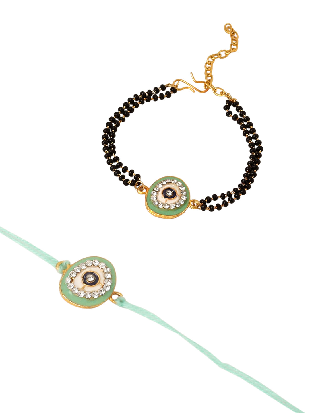 NVR Set of 2 Green Round Shape Artificial Stones Bhaiya Bhabhi Rakhi with Roli Chawal Chandan & Mishri | Grocsy