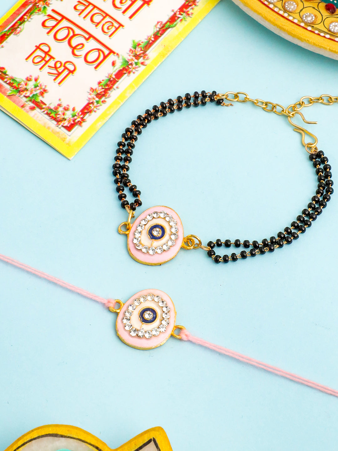 NVR Set of 2 Pink Round Shape Artificial Stones Bhaiya Bhabhi Rakhi with Roli Chawal Chandan & Mishri | Grocsy