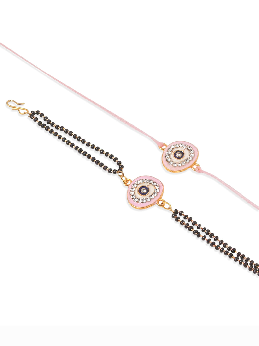 NVR Set of 2 Pink Round Shape Artificial Stones Bhaiya Bhabhi Rakhi with Roli Chawal Chandan & Mishri | Grocsy
