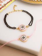 NVR Set of 2 Pink Round Shape Artificial Stones Bhaiya Bhabhi Rakhi with Roli Chawal Chandan & Mishri | Grocsy