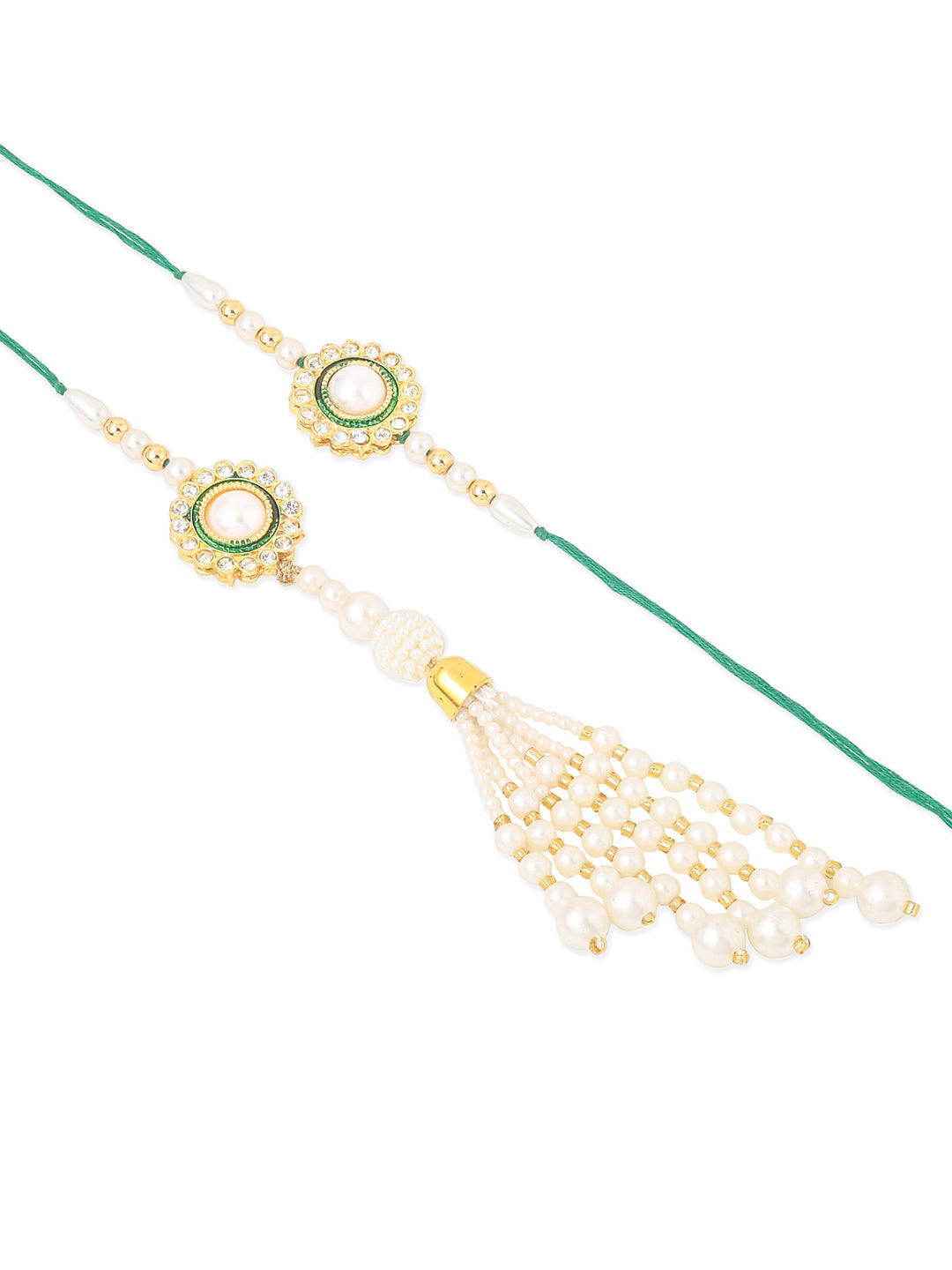 NVR Set of 2 White & Green Stone Studded Handcrafted Bhaiya Bhabhi Thread Rakhi Combo | Grocsy