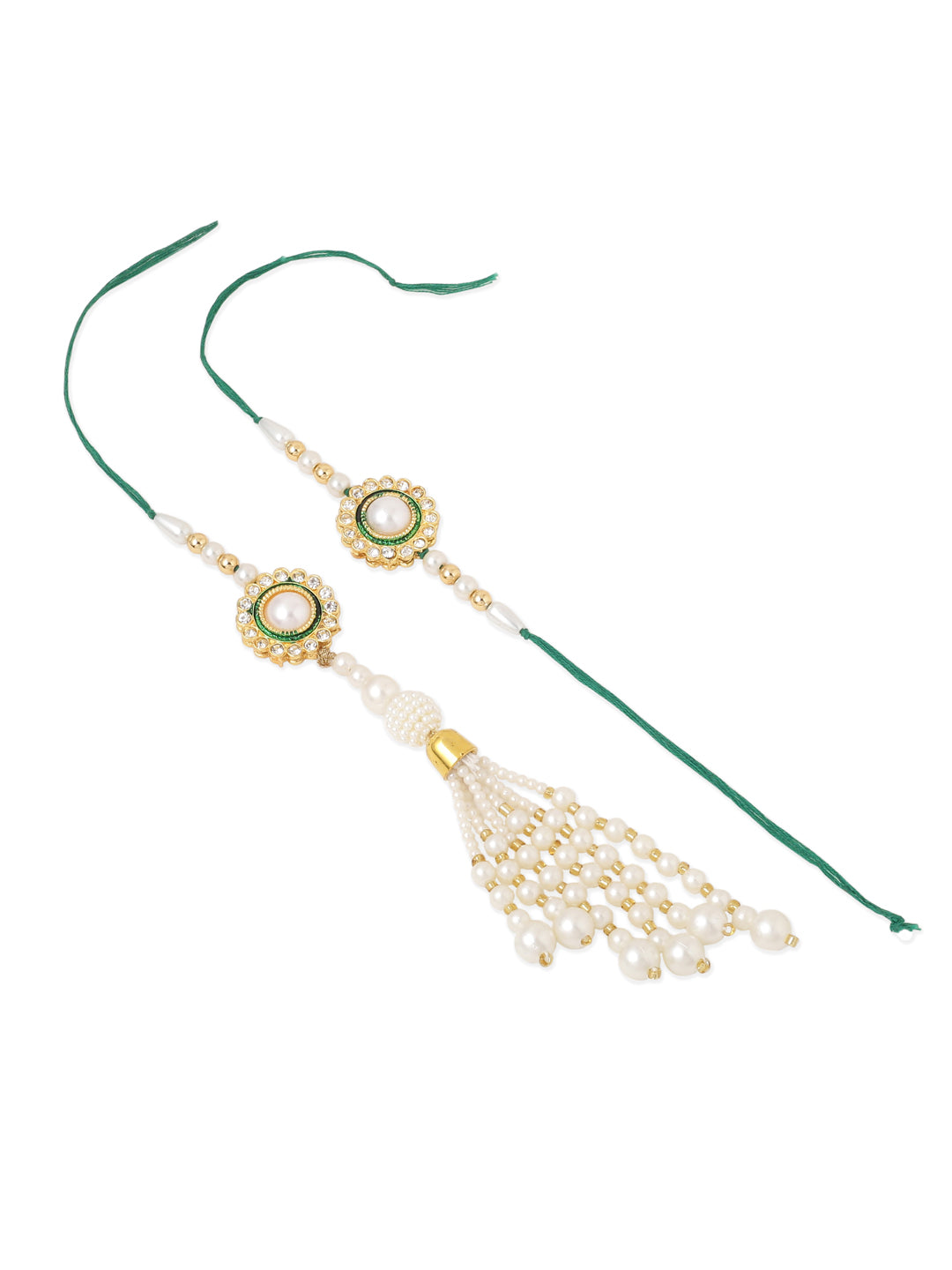 NVR Set of 2 White & Green Stone Studded Handcrafted Bhaiya Bhabhi Thread Rakhi Combo | Grocsy