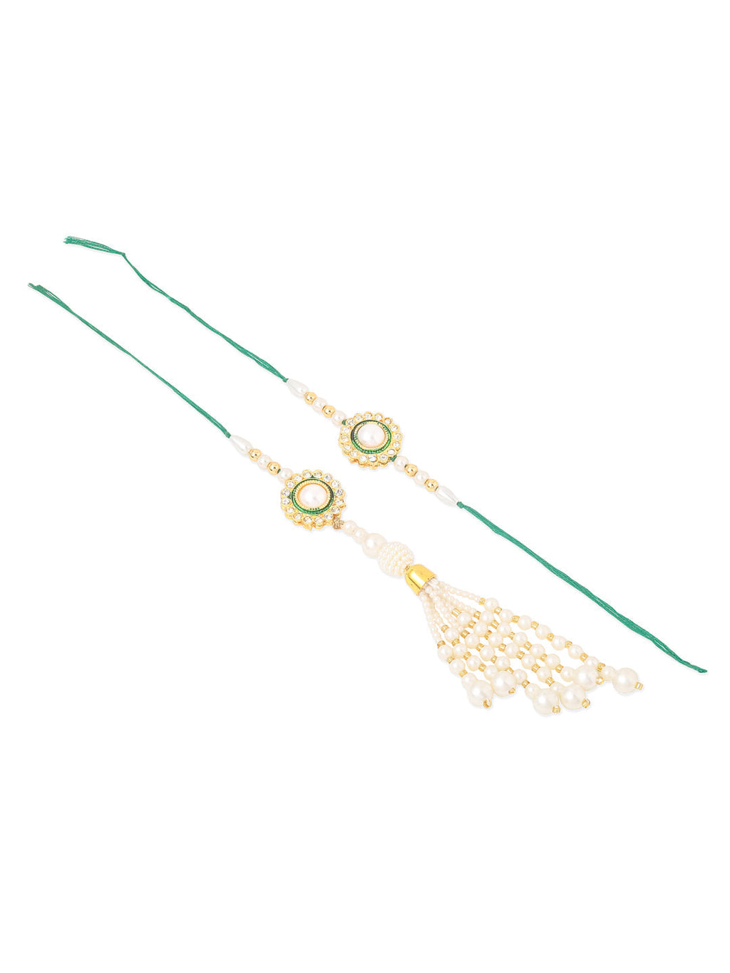 NVR Set of 2 White & Green Stone Studded Handcrafted Bhaiya Bhabhi Thread Rakhi Combo | Grocsy
