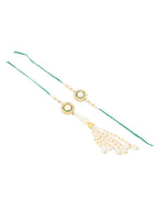NVR Set of 2 White & Green Stone Studded Handcrafted Bhaiya Bhabhi Thread Rakhi with Roli Chawal Chandan & Mishri | Grocsy