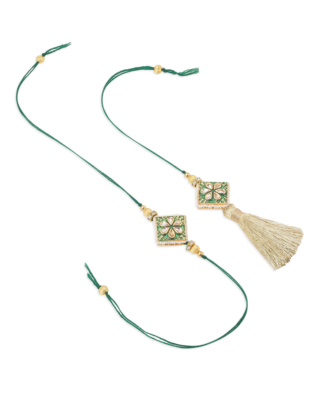 NVR Set of 2 Handmade Green Kundan Studded Bhaiya Bhabhi Rakhi Set, Combo for Rakshabandhan | Grocsy