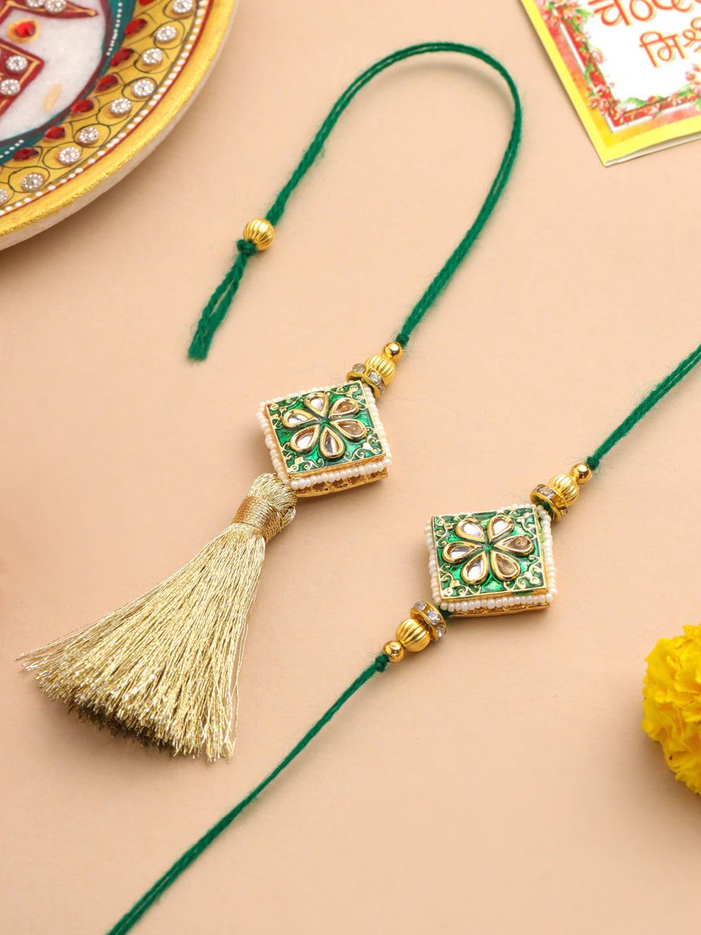 NVR Set of 2 Handmade Green Kundan Studded Bhaiya Bhabhi Rakhi Set with Roli Chawal Chandan & Mishri | Grocsy