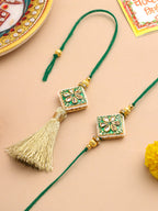 NVR Set of 2 Handmade Green Kundan Studded Bhaiya Bhabhi Rakhi Set with Roli Chawal Chandan & Mishri | Grocsy