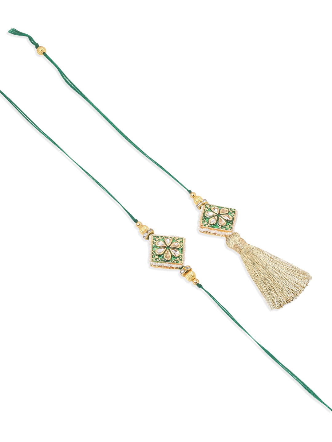 NVR Set of 2 Handmade Green Kundan Studded Bhaiya Bhabhi Rakhi Set with Roli Chawal Chandan & Mishri | Grocsy