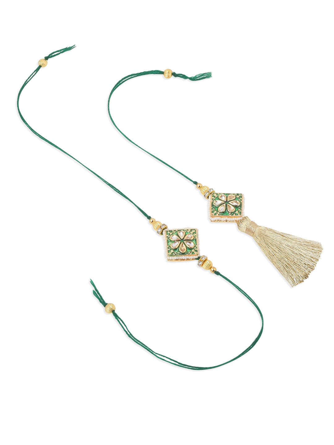 NVR Set of 2 Handmade Green Kundan Studded Bhaiya Bhabhi Rakhi Set with Roli Chawal Chandan & Mishri | Grocsy