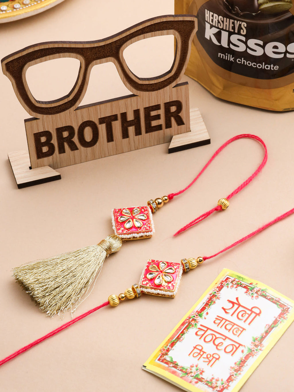 NVR Set of 2 Handmade Pink Kundan Studded Bhaiya Bhabhi Rakhi Set, Combo for Rakshabandhan | Grocsy