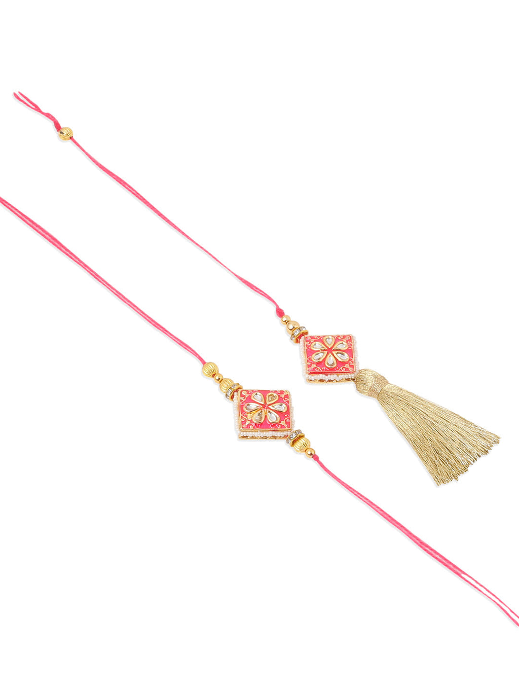 NVR Set of 2 Handmade Pink Kundan Studded Bhaiya Bhabhi Rakhi Set with Roli Chawal Chandan & Mishri | Grocsy