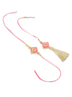 NVR Set of 2 Handmade Pink Kundan Studded Bhaiya Bhabhi Rakhi Set with Roli Chawal Chandan & Mishri | Grocsy