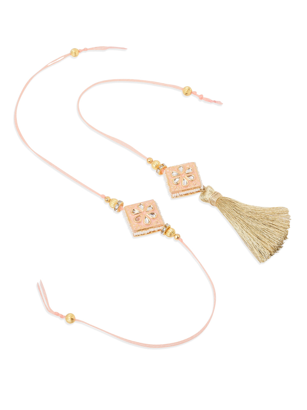 NVR Set of 2 Handmade Peach Kundan Studded Bhaiya Bhabhi Rakhi Set, Combo for Rakshabandhan | Grocsy