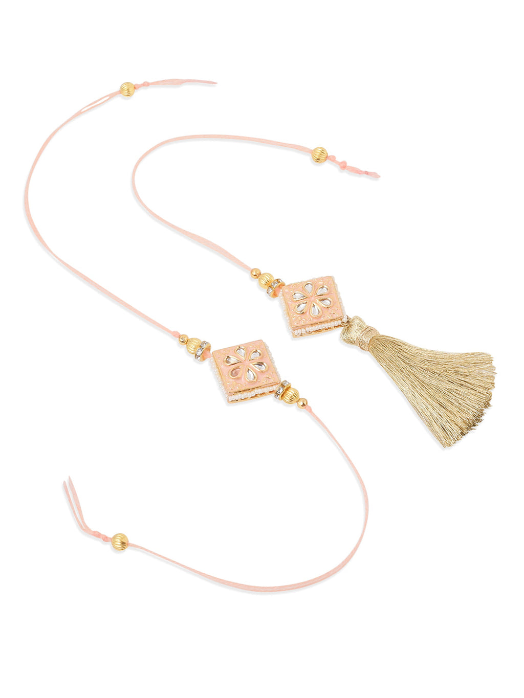 NVR Set of 2 Handmade Peach Kundan Studded Bhaiya Bhabhi Rakhi Set with Roli Chawal Chandan & Mishri | Grocsy