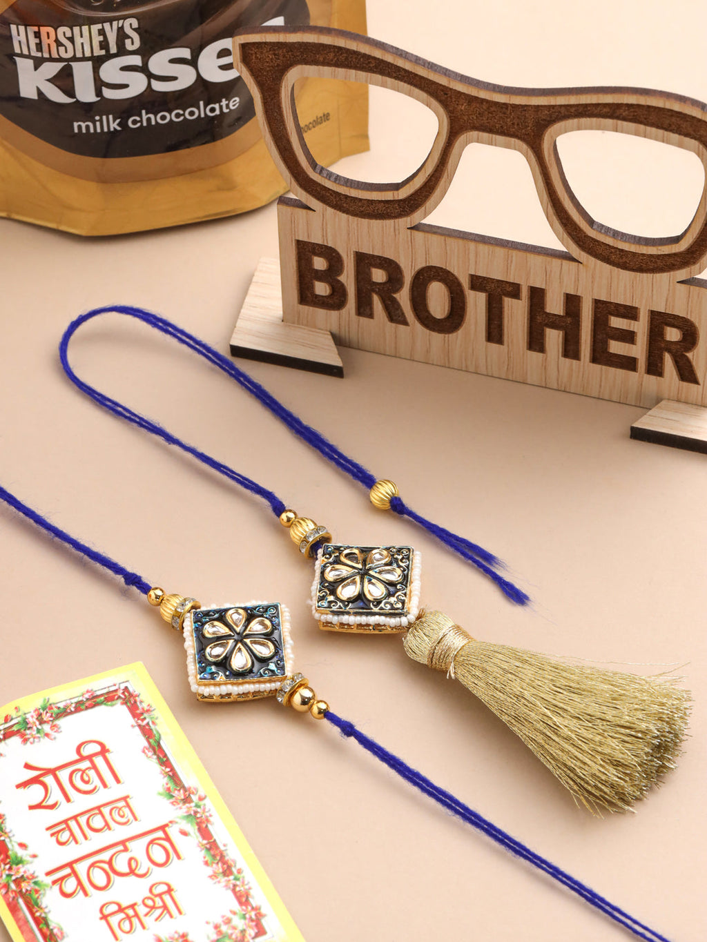 NVR Set of 2 Handmade Blue Kundan Studded Bhaiya Bhabhi Rakhi Set, Combo for Rakshabandhan | Grocsy