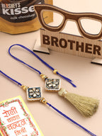 NVR Set of 2 Handmade Blue Kundan Studded Bhaiya Bhabhi Rakhi Set, Combo for Rakshabandhan | Grocsy