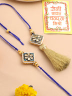 NVR Set of 2 Handmade Blue Kundan Studded Bhaiya Bhabhi Rakhi Set with Roli Chawal Chandan & Mishri | Grocsy