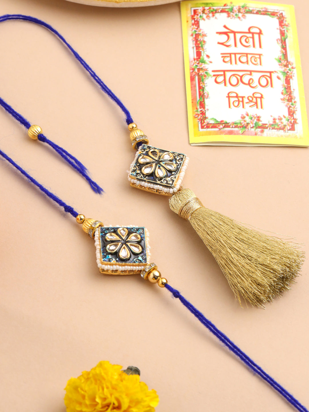NVR Set of 2 Handmade Blue Kundan Studded Bhaiya Bhabhi Rakhi Set with Roli Chawal Chandan & Mishri | Grocsy