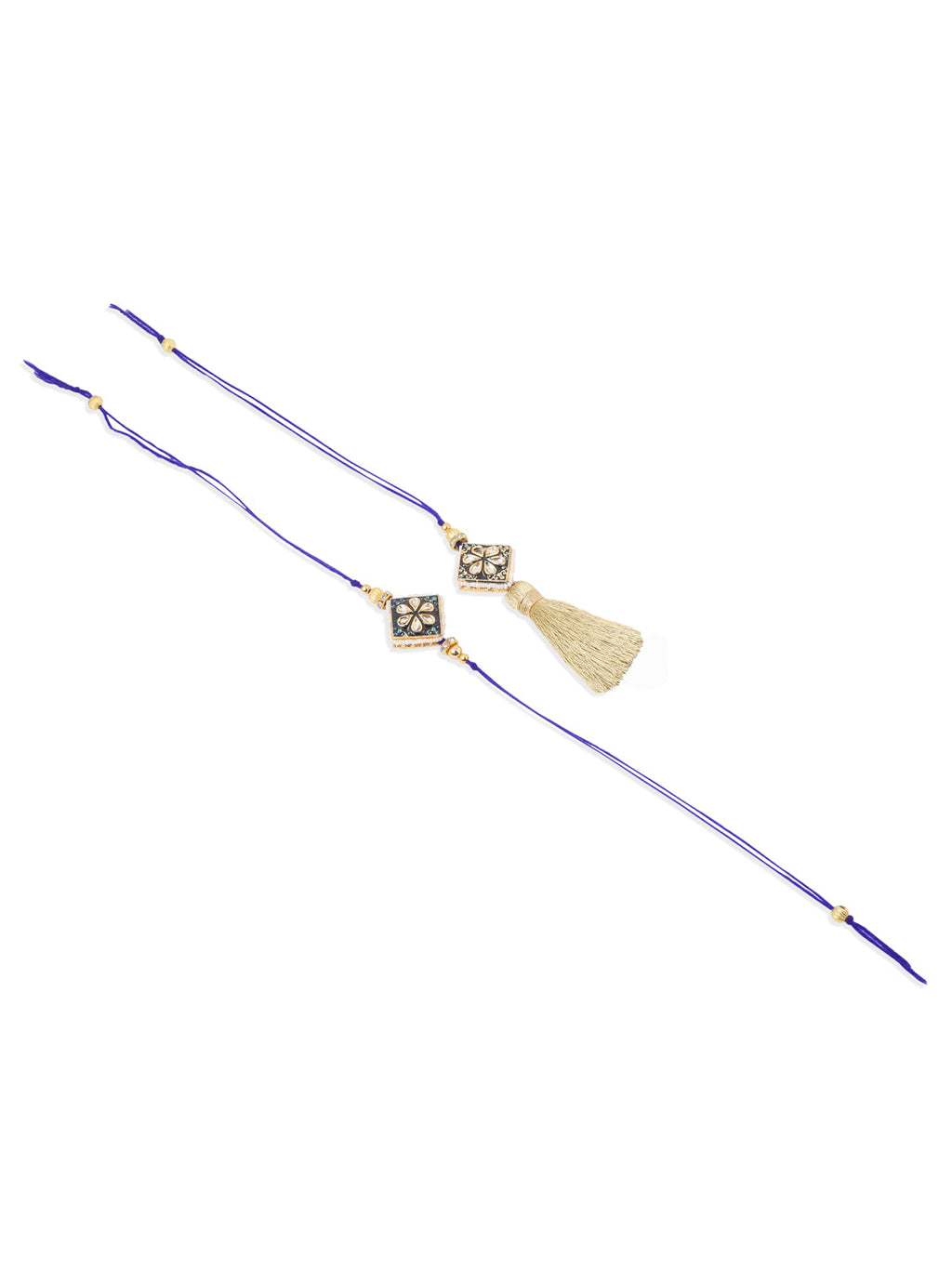 NVR Set of 2 Handmade Blue Kundan Studded Bhaiya Bhabhi Rakhi Set with Roli Chawal Chandan & Mishri | Grocsy
