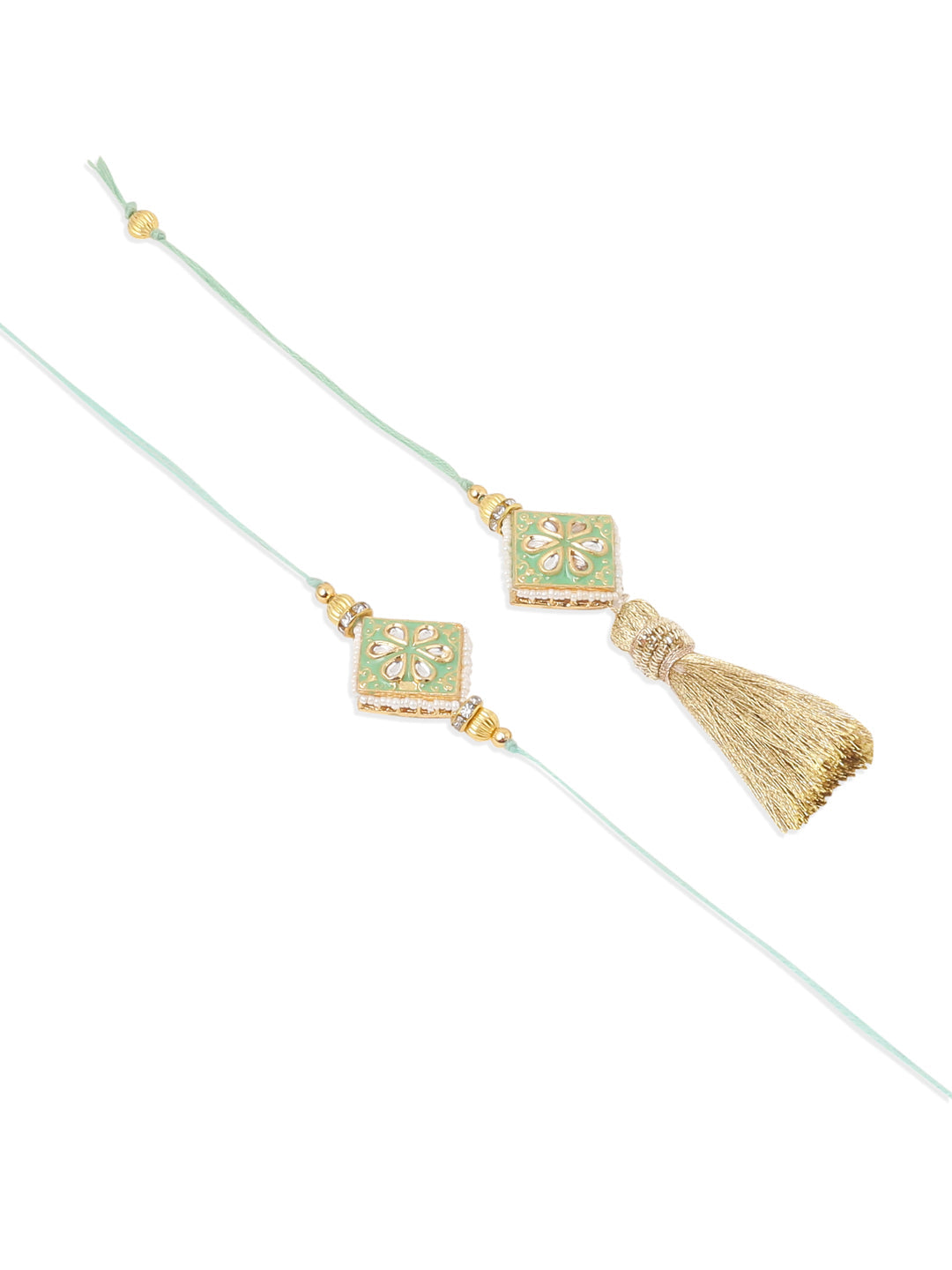 NVR Set of 2 Handmade Sea Green Kundan Studded Bhaiya Bhabhi Rakhi Combo | Grocsy