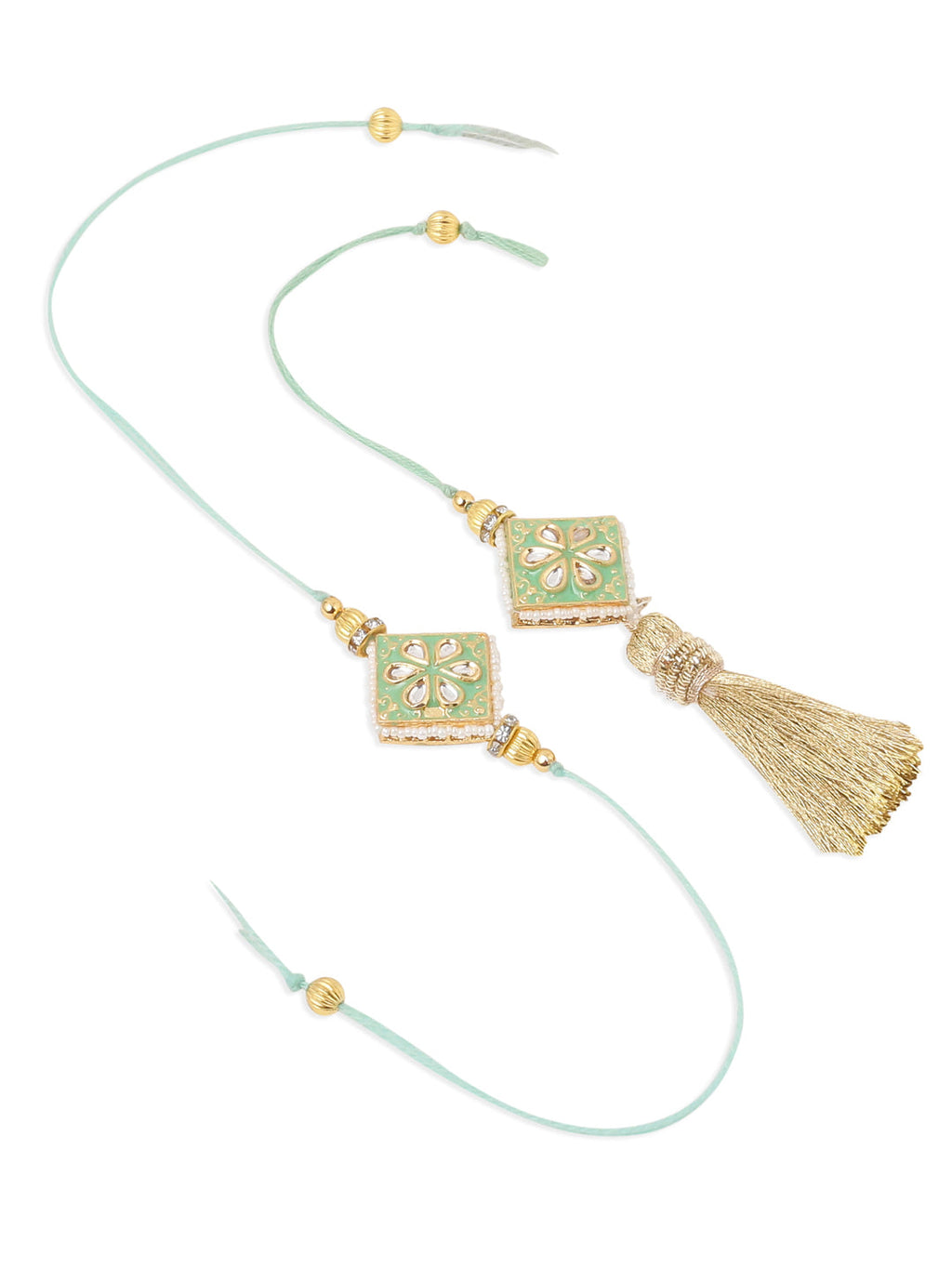 NVR Set of 2 Handmade Sea Green Kundan Studded Bhaiya Bhabhi Rakhi Combo | Grocsy