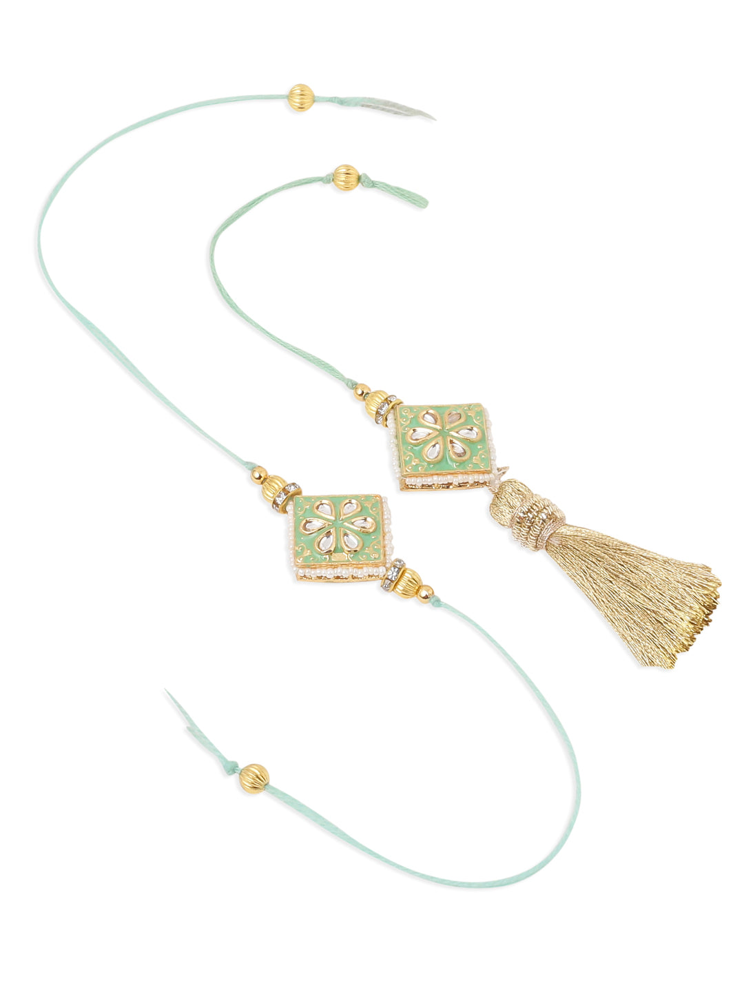 NVR Set of 2 Handmade Sea Green Kundan Studded Bhaiya Bhabhi Rakhi Combo | Grocsy