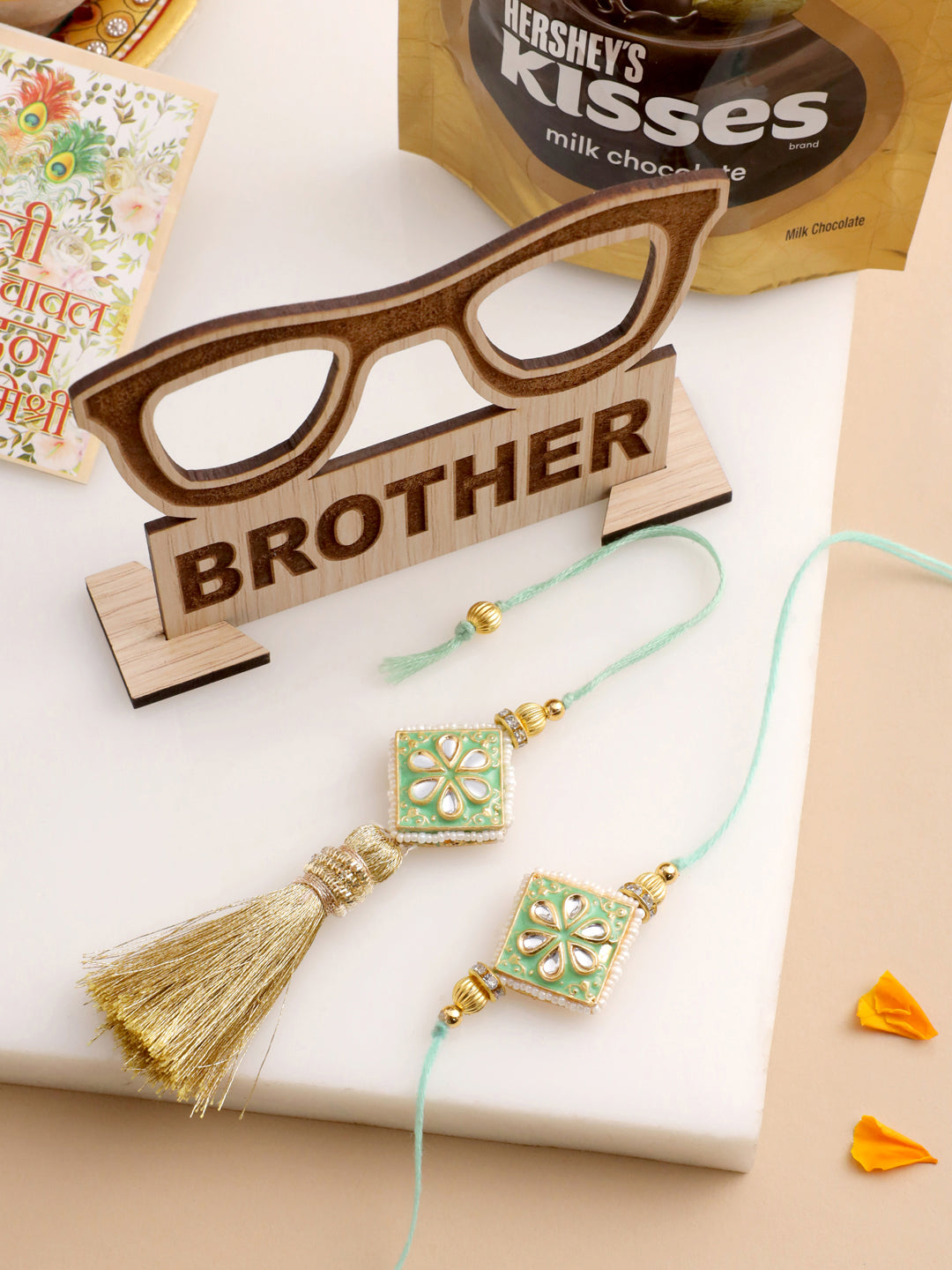 NVR Set of 2 Handmade Sea Green Kundan Studded Bhaiya Bhabhi Rakhi Combo | Grocsy