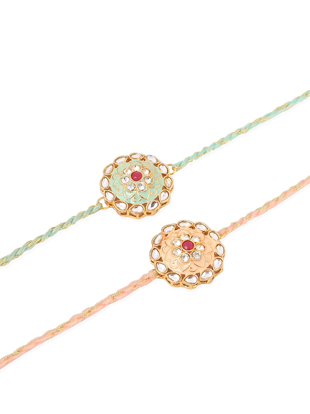 NVR Men Set of 2 Peach & Green Kundan Studded Round Floral Design Rakhi Combo | Grocsy