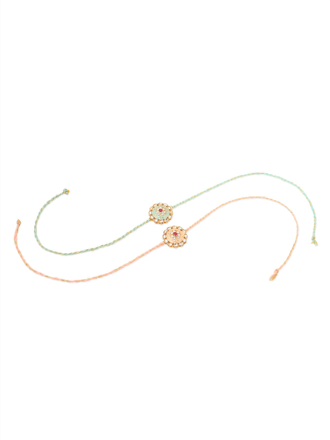 NVR Men Set of 2 Peach & Green Kundan Studded Round Floral Design Rakhi Combo | Grocsy