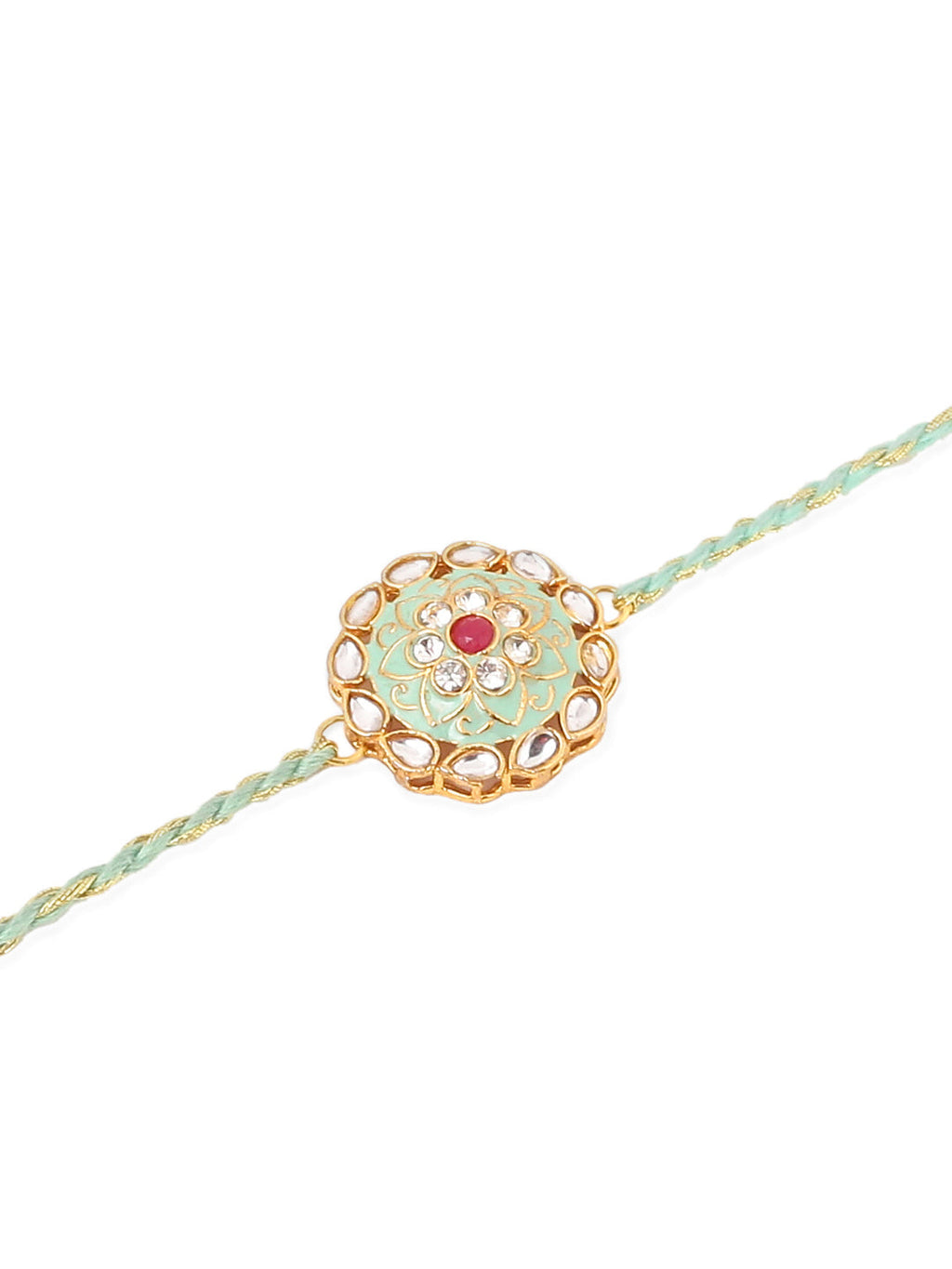 NVR Men Set of 2 Peach & Green Kundan Studded Round Floral Design Rakhi Combo | Grocsy