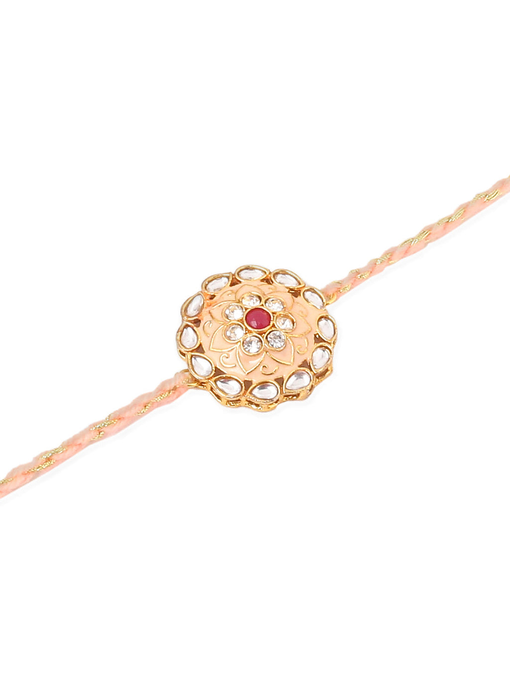 NVR Men Set of 2 Peach & Green Kundan Studded Round Floral Design Rakhi Combo | Grocsy