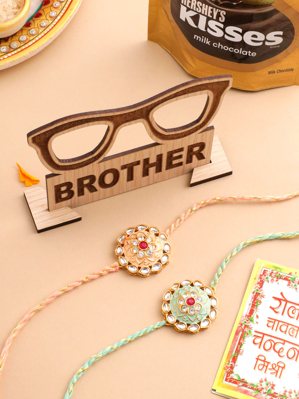 NVR Men Set of 2 Peach & Green Kundan Studded Round Floral Design Rakhi Combo | Grocsy