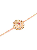 NVR Men Set of 2 Peach & Green Kundan Studded Round Floral Design Rakhi with Roli Chawal Chandan & Mishri | Grocsy