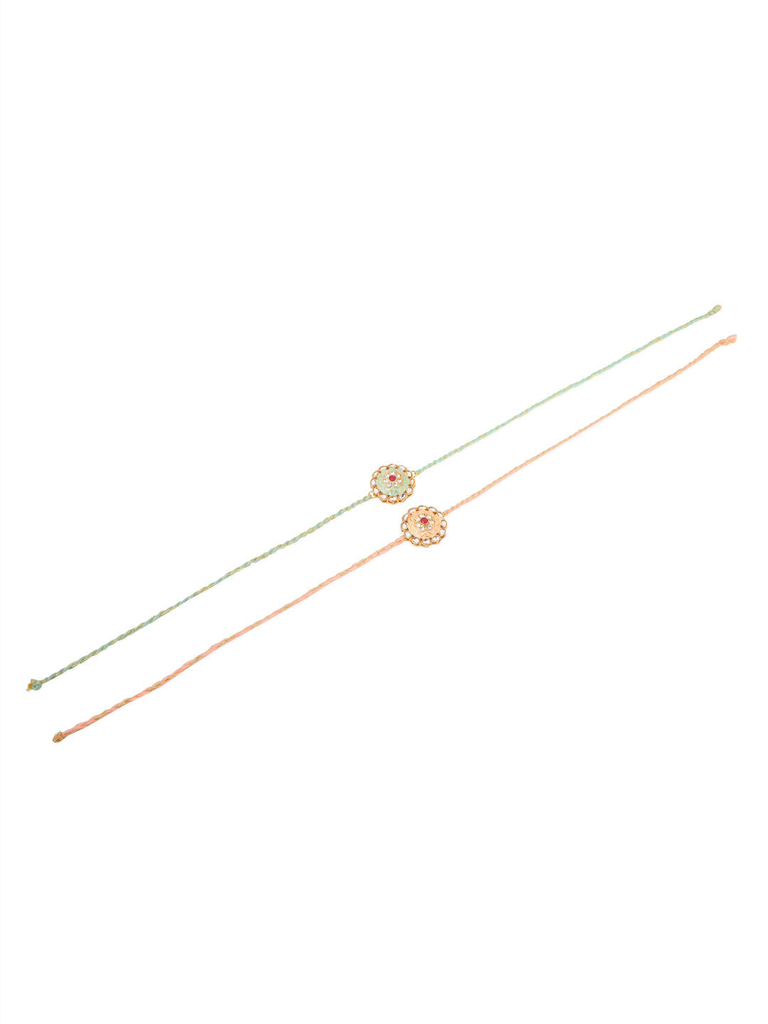 NVR Men Set of 2 Peach & Green Kundan Studded Round Floral Design Rakhi with Roli Chawal Chandan & Mishri | Grocsy